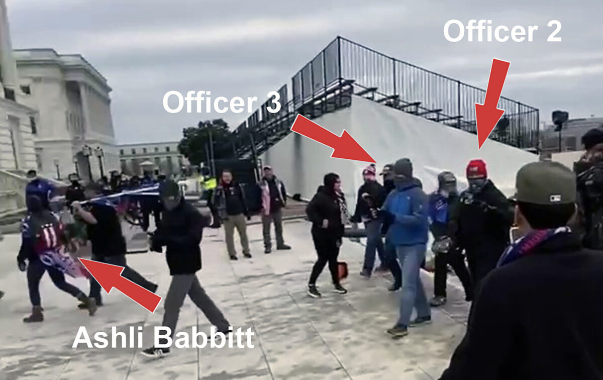 Two undercover Metropolitan Police Department officers walked behind Ashli Babbitt on the northwest side of the Capitol on Jan. 6, 2021. One had earlier remarked that "someone will get shot" that day. (William Pope via U.S. District Court/Screenshot via The Epoch Times)