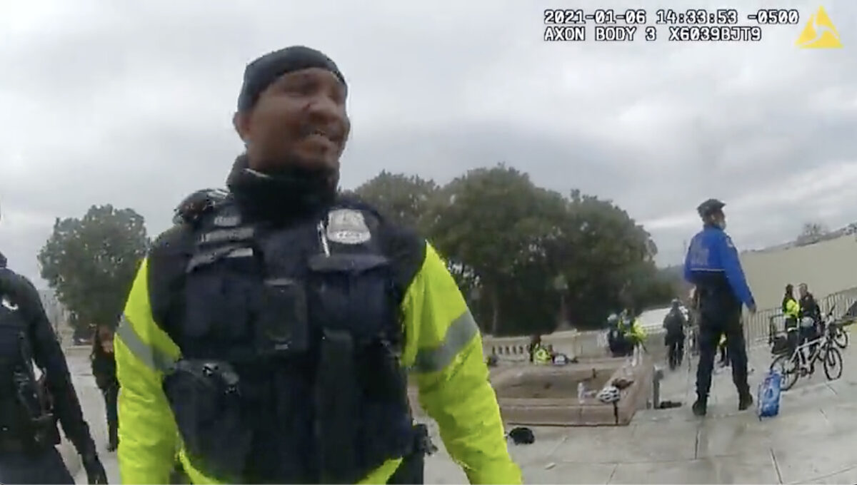 A Metropolitan Police Department officer states his belief that he and his colleagues were set up when protecting the west front of the Capitol on Jan. 6, 2021. (Metropolitan Police Department/Screenshot via The Epoch Times)